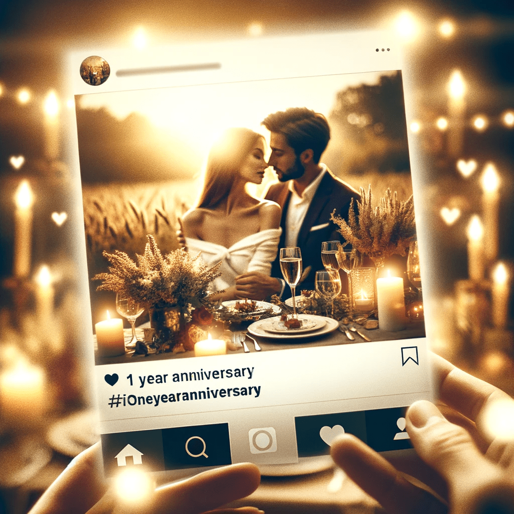 A beautiful and romantic image celebrating a first-year wedding anniversary, suitable for an Instagram post. The image should depict a couple in a love.