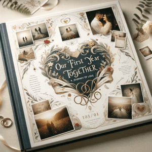 A beautifully designed memory book celebrating a first-year wedding anniversary. The cover of the memory book features elegant, romantic designs with
