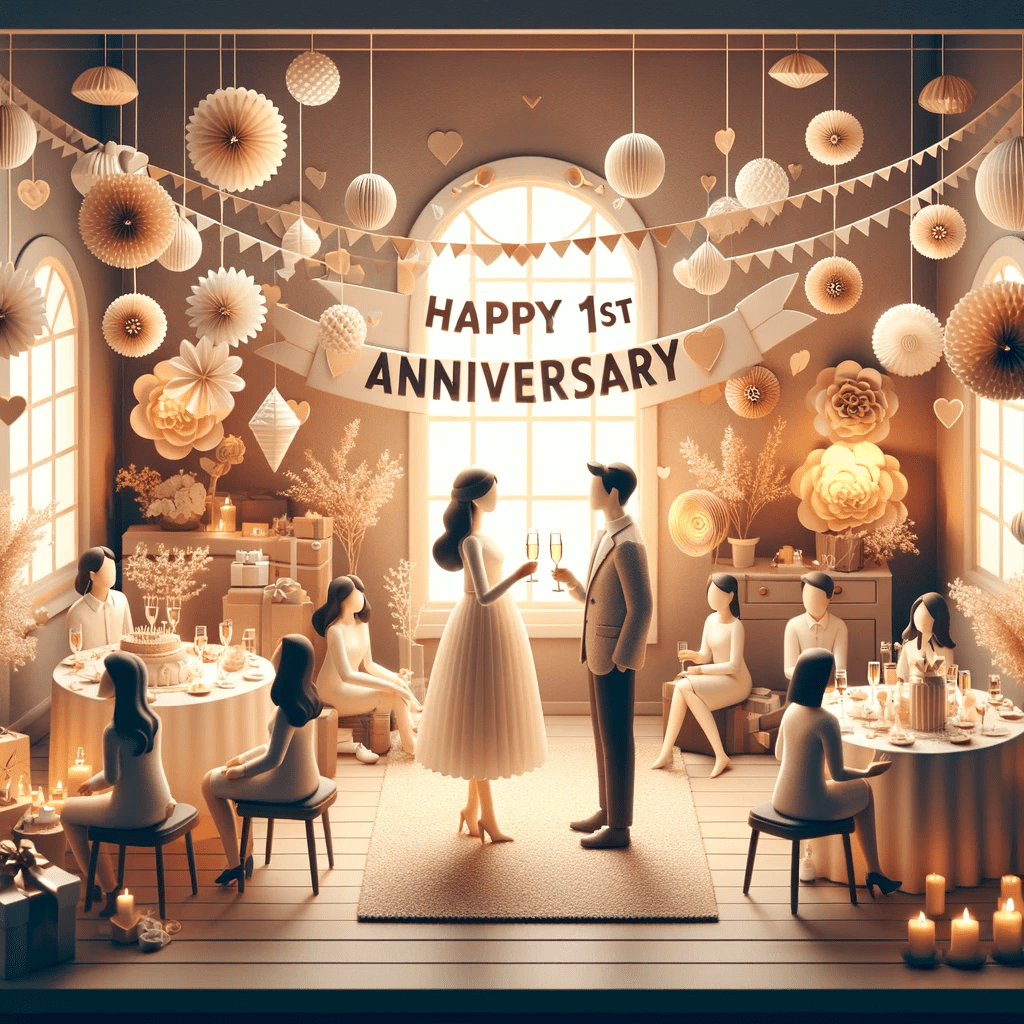 A festive scene celebrating a first wedding anniversary. The image shows a cozy and romantic party setting, decorated elegantly with paper-themed deco - 1st Anniversary Celebration Ideas