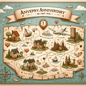  Anniversary Adventure Map celebrating a first year wedding anniversary. The map is styled like a treasure map, with a vintage, parchment-like appearance.