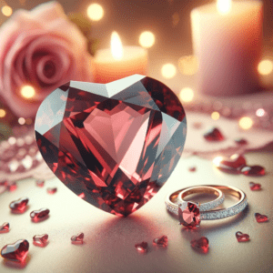 Garnet, the gemstone for the 2nd wedding anniversary. The image shows a beautifully cut garnet gemstone, sparkling and rich in color, set against a ro