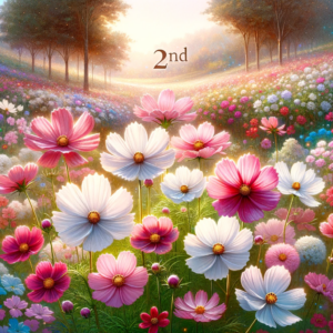 A beautiful image of Cosmos flowers, representing the 2nd wedding anniversary. The scene includes a lush, vibrant garden filled with blooming Cosmos
