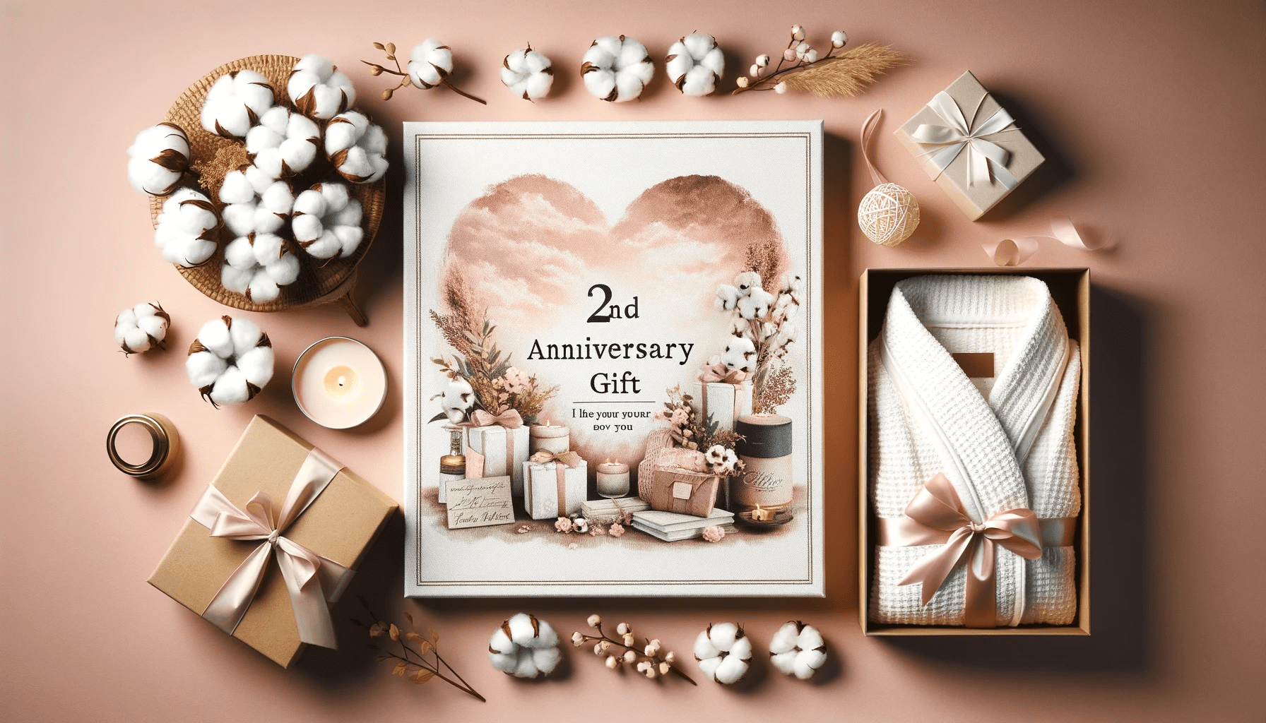 A featured image ideal for a 2nd wedding anniversary gift article. The image should include a collage of cotton-themed gifts, symbolizing the tradition