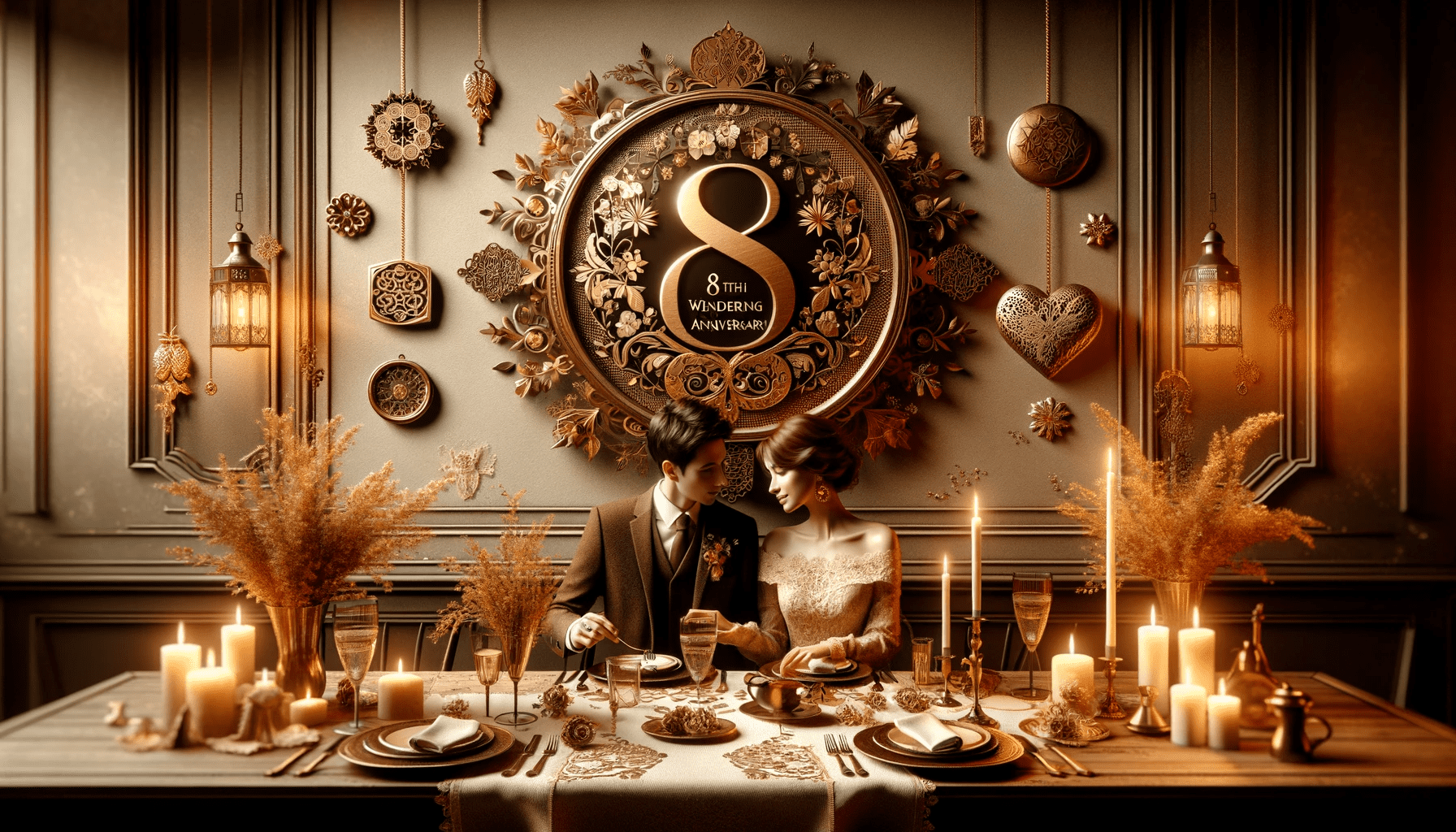 A featured image for an article on the 8th wedding anniversary, incorporating traditional and modern themes. The image should depict an elegant and robust.