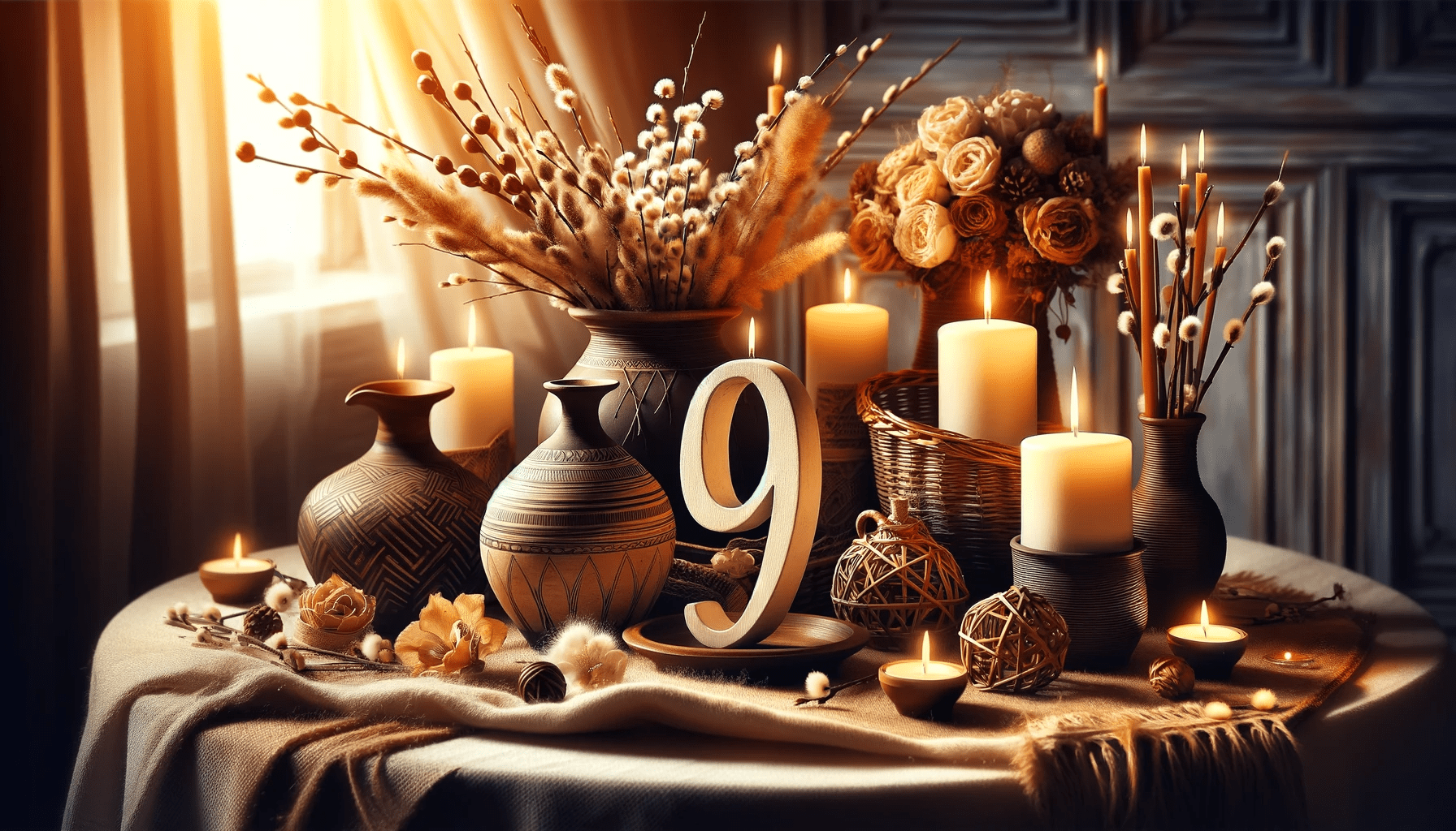 A beautiful and symbolic image representing a 9th wedding anniversary, ideal for a featured article image. The picture should include elements that