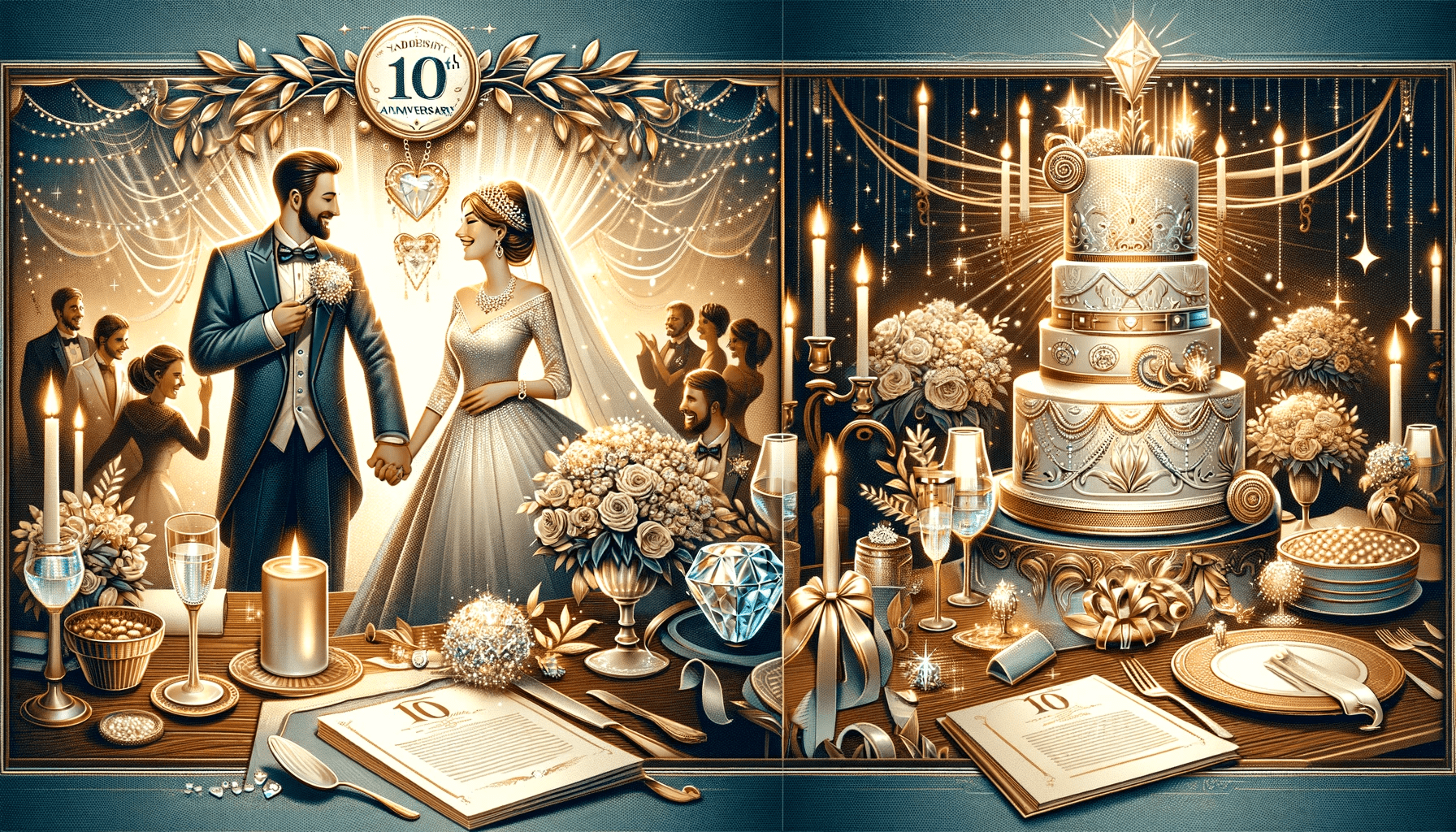 A beautiful featured image for an article on the 10th wedding anniversary, incorporating traditional and modern themes. The image depicts a celebration.