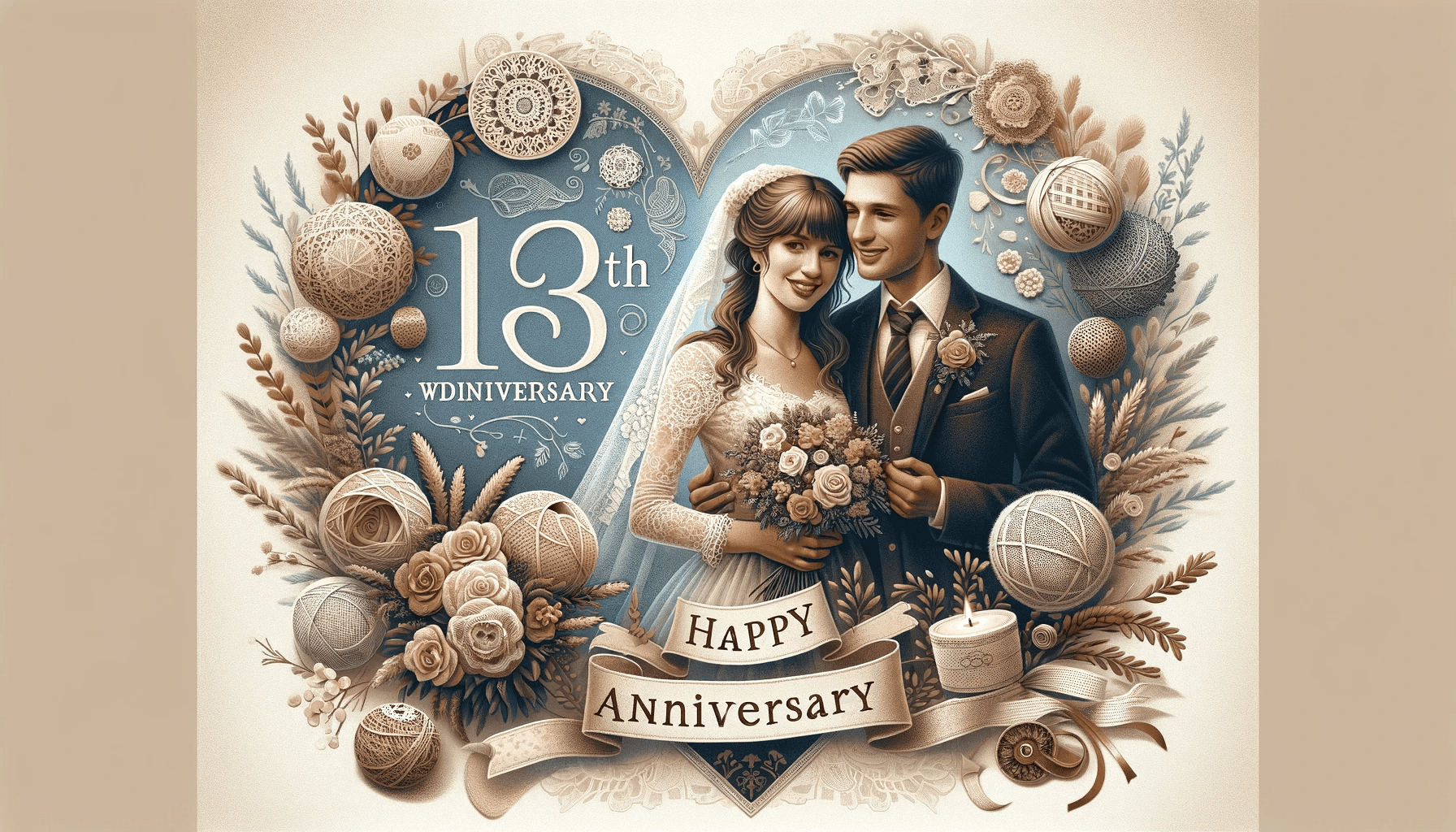 An image representing the 13th wedding anniversary. The image should reflect a sense of celebration and love, incorporating elements related to the tradition.