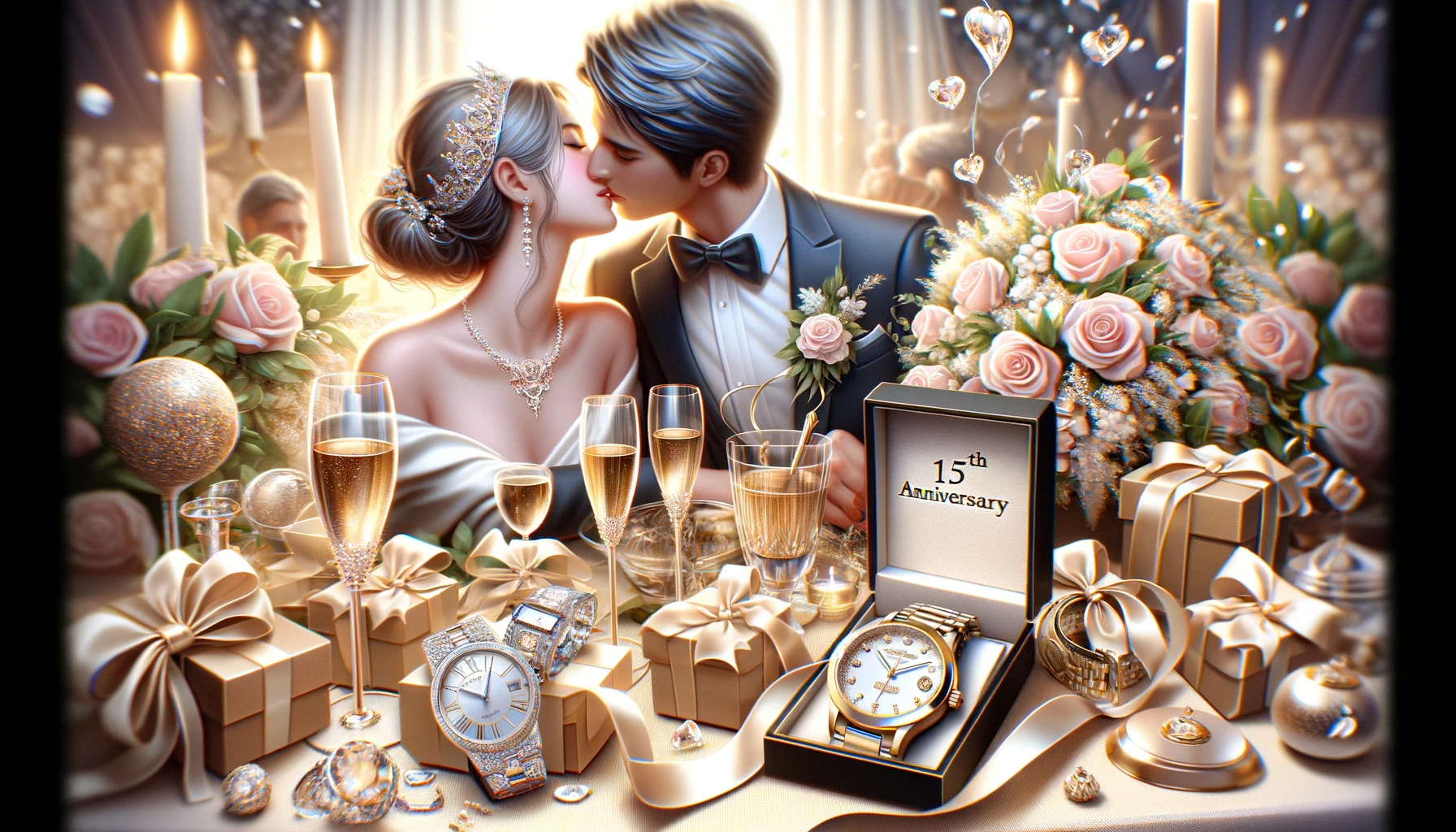 A beautiful and elegant image ideal for a featured article about the 15th wedding anniversary. The image should include elements representing the 15th