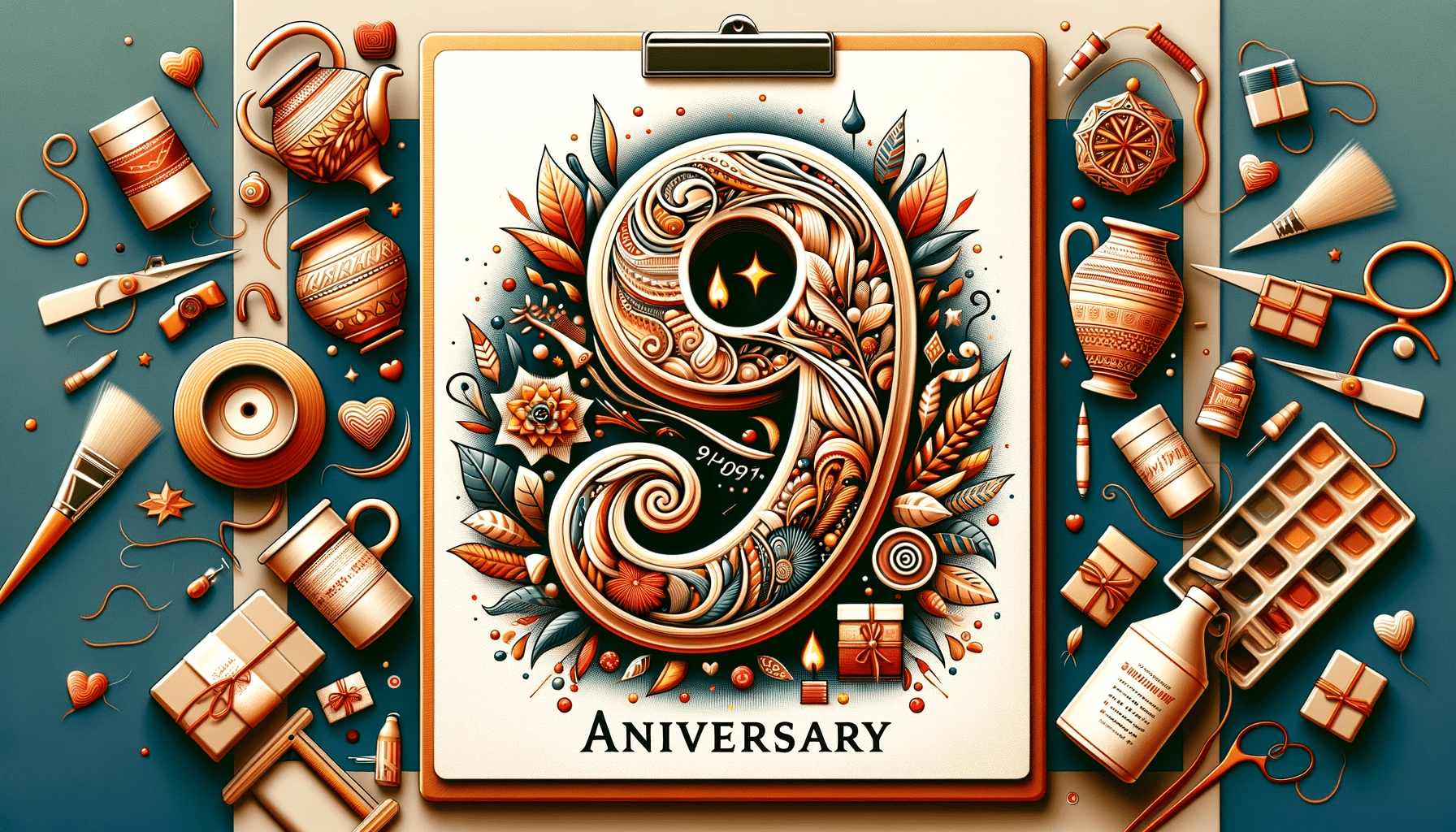 A creative and vibrant featured image for a social media article about 9th wedding anniversary, incorporating elements that symbolize traditional