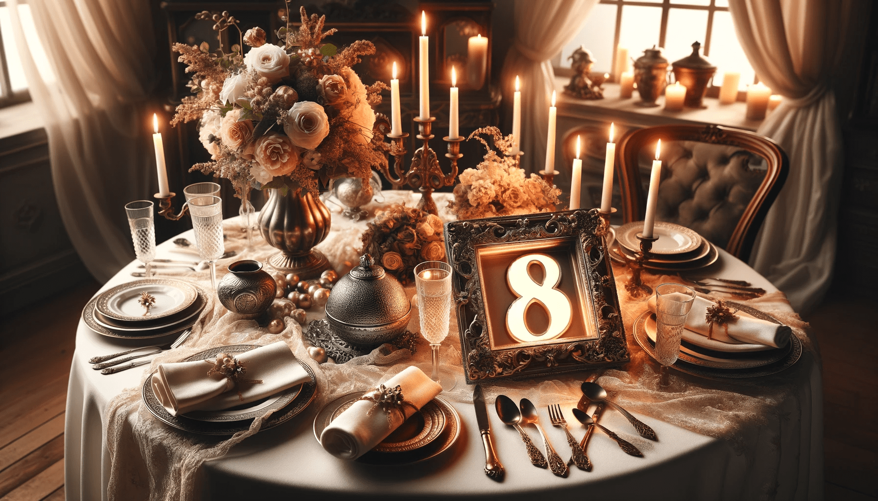 A celebratory image ideal for an article on 8th wedding anniversary celebration ideas and tips. The image should incorporate traditional and modern theme.