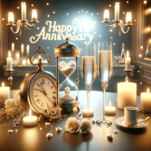 Image celebrating a first year wedding anniversary, featuring an hourglass and a clock. The scene depicts a romantic and intimate setting with a couple