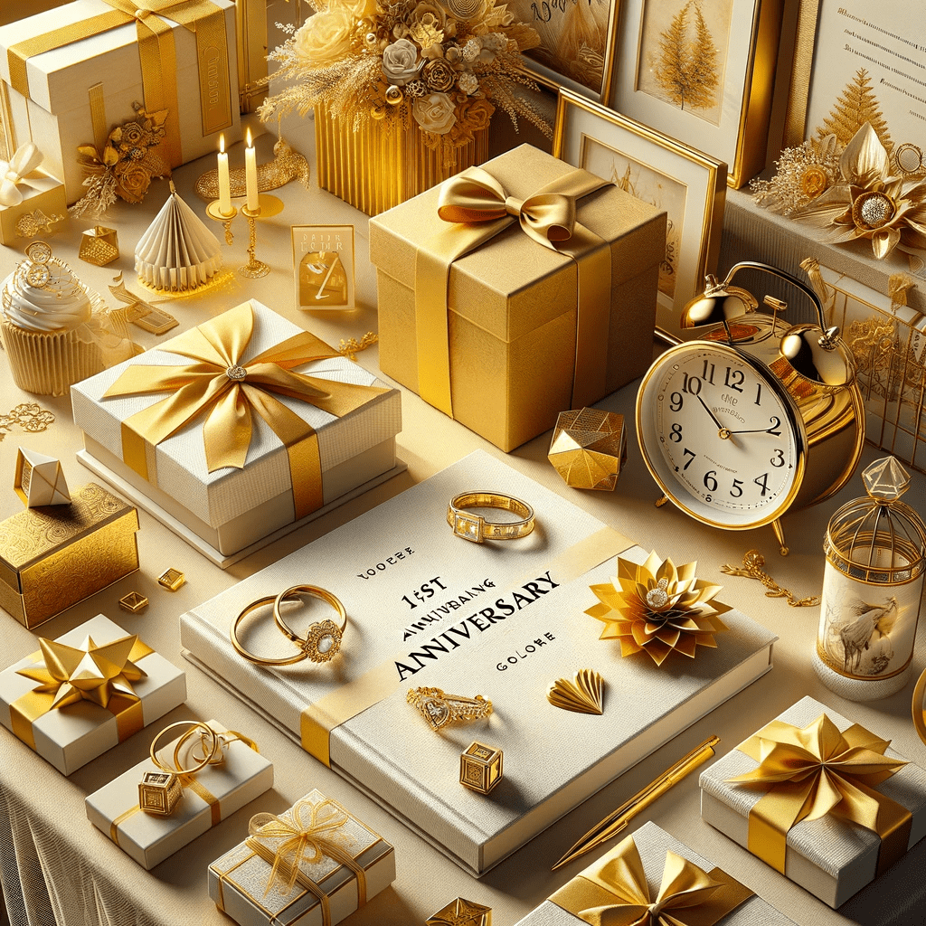 Image celebrating a first-year wedding anniversary, showcasing gifts. The setting is elegant and festive, with a gold and yellow color scheme symboliz
